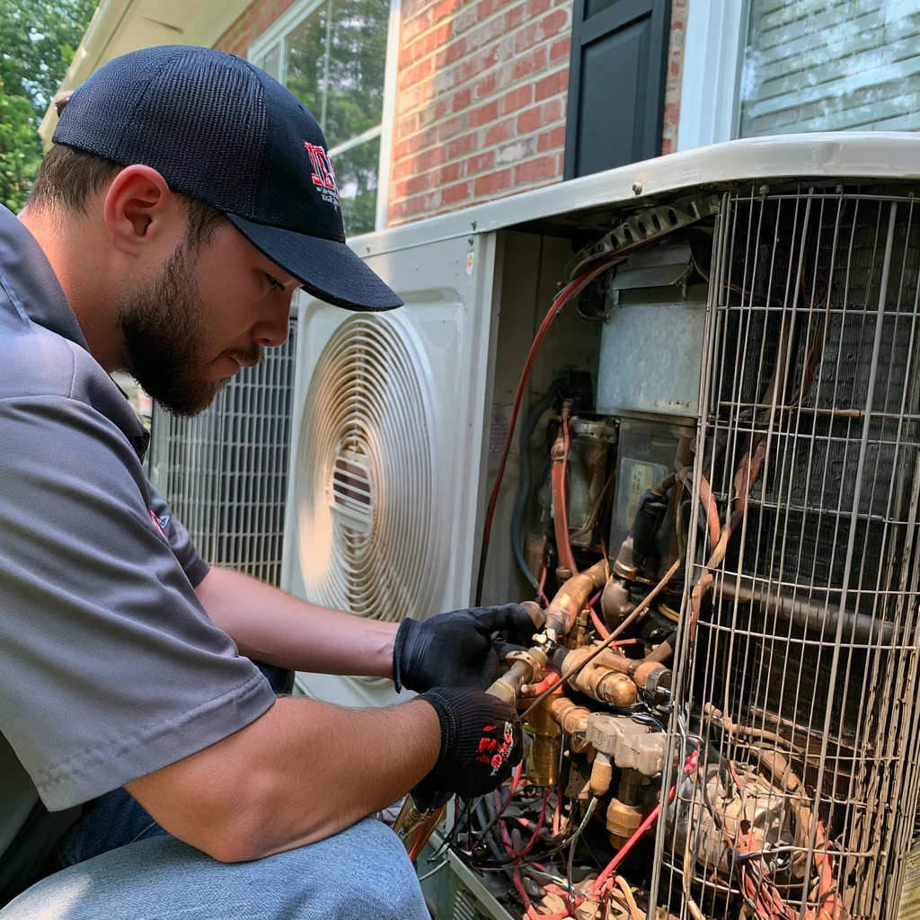 Technician checking refrigerant lines beside a residential air conditioning unit