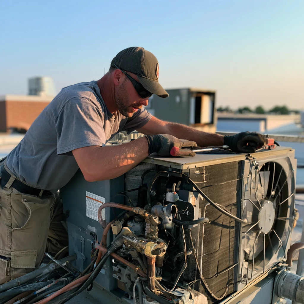 Technician inspecting a rooftop air conditioning system